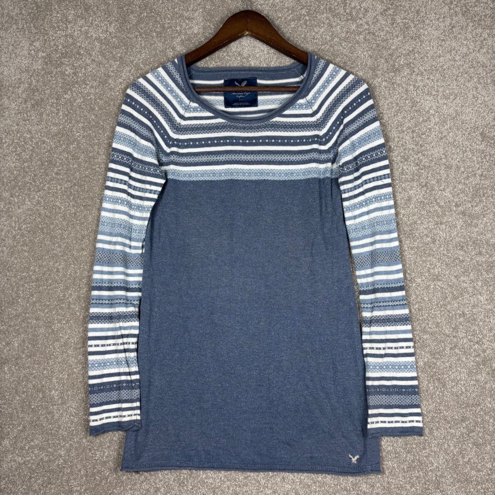 American Eagle Blue White Striped Fair Isle Knit Crewneck Shirt Womens Medium